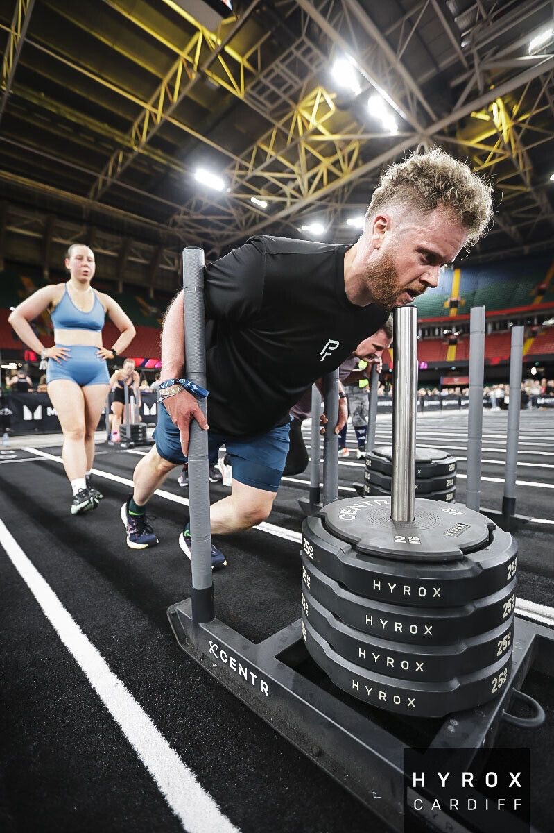 Ed on the sled push at HYROX Cardiff